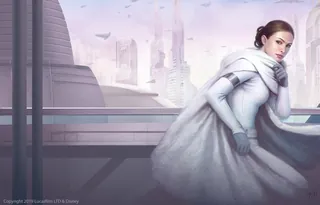 Woman in white cloak overlooking futuristic cityscape from balcony
