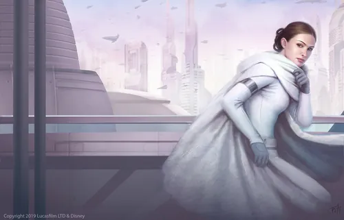 Woman in white cloak overlooking futuristic cityscape from balcony