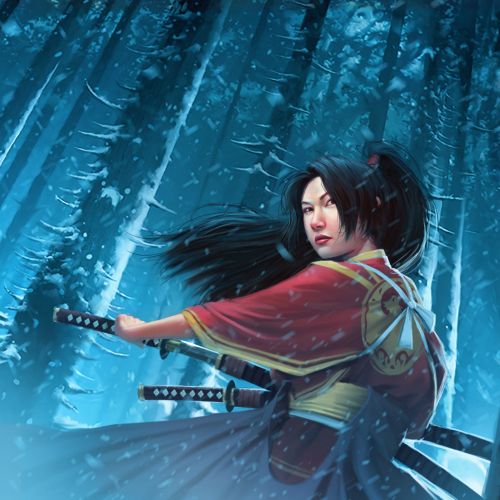 Samurai woman with swords in snowy forest at night