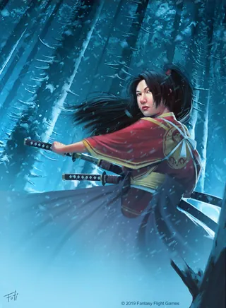 Samurai woman with swords in snowy forest at night