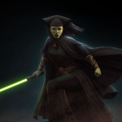 Jedi warrior Luminara wielding a green lightsaber in dark setting