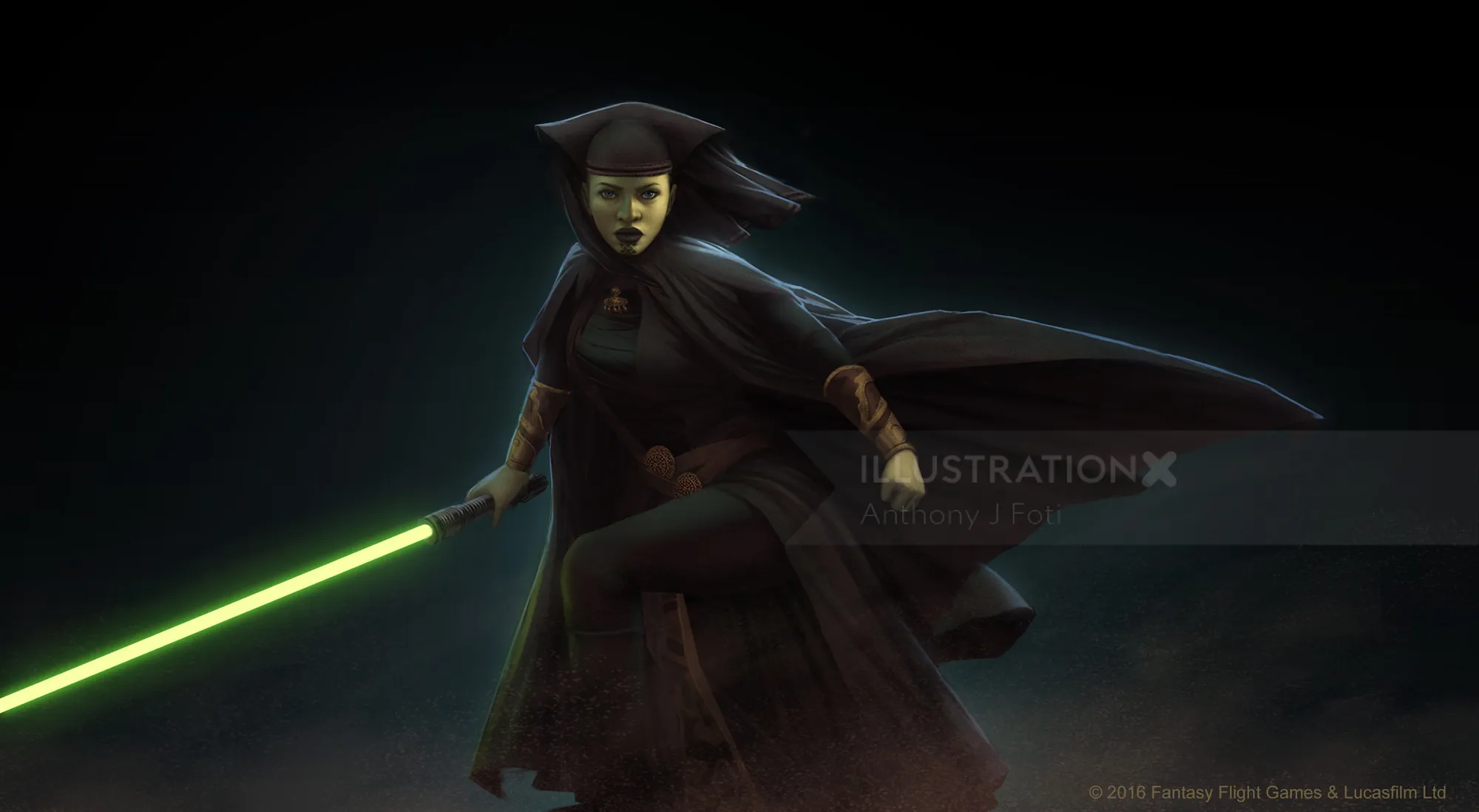La guerrera Jedi Luminara empuña un sable de luz verde en un entorno oscuro.