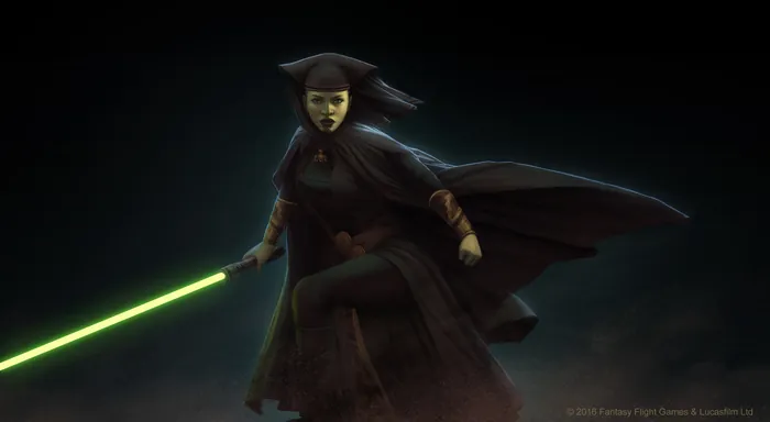 Jedi warrior Luminara wielding a green lightsaber in dark setting