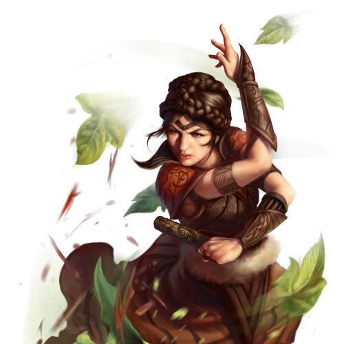 Female archer in fantasy armor firing an arrow with leaves swirling