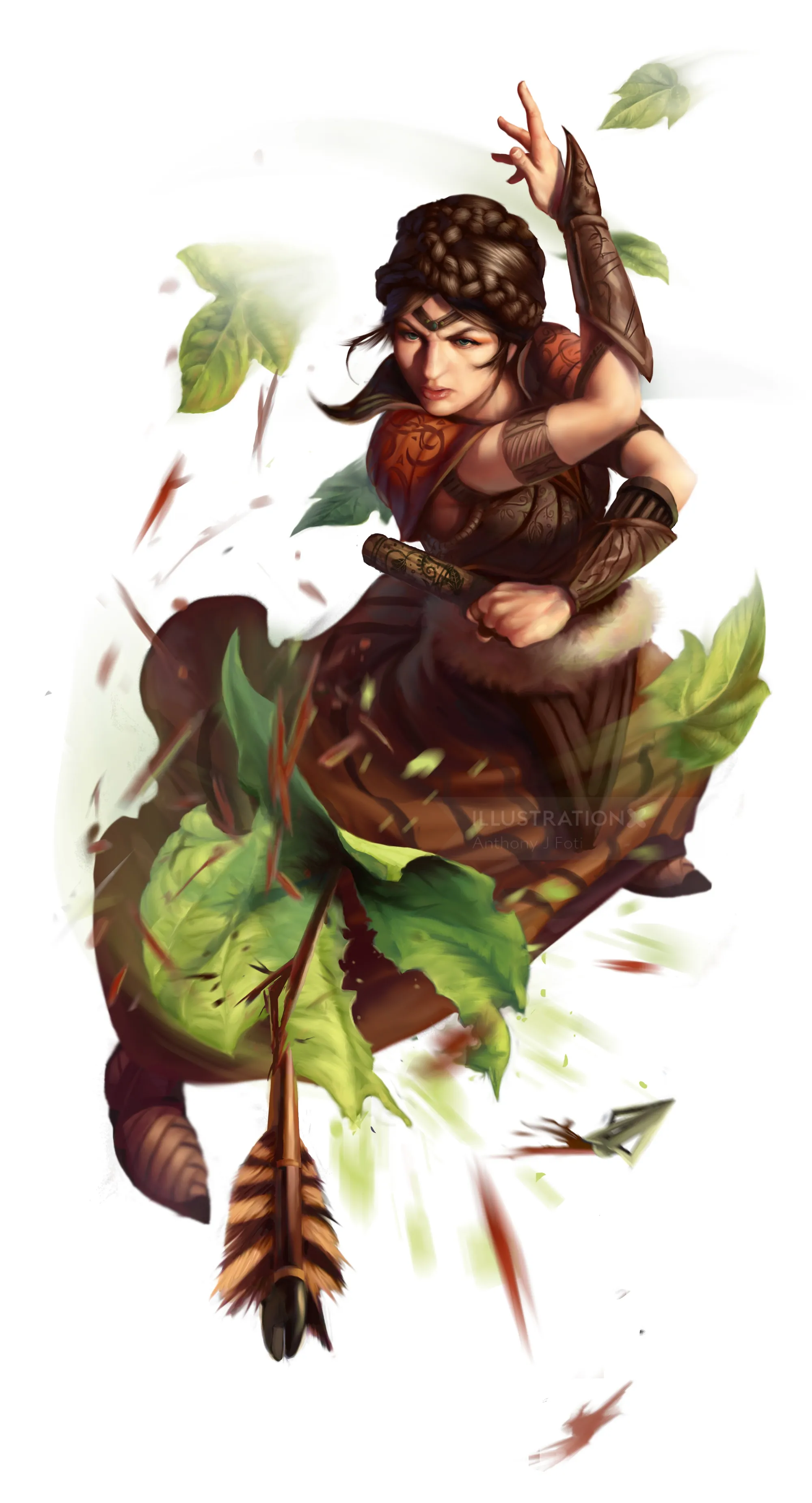 Female archer in fantasy armor firing an arrow with leaves swirling