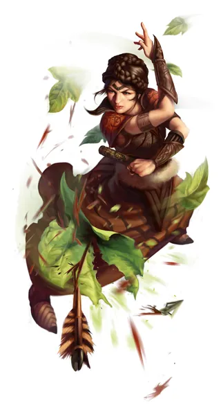Female archer in fantasy armor firing an arrow with leaves swirling