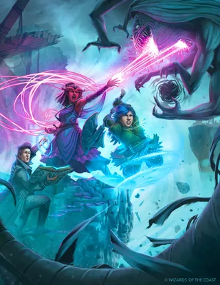 Fantasy characters casting magical spells in a dark mystical forest