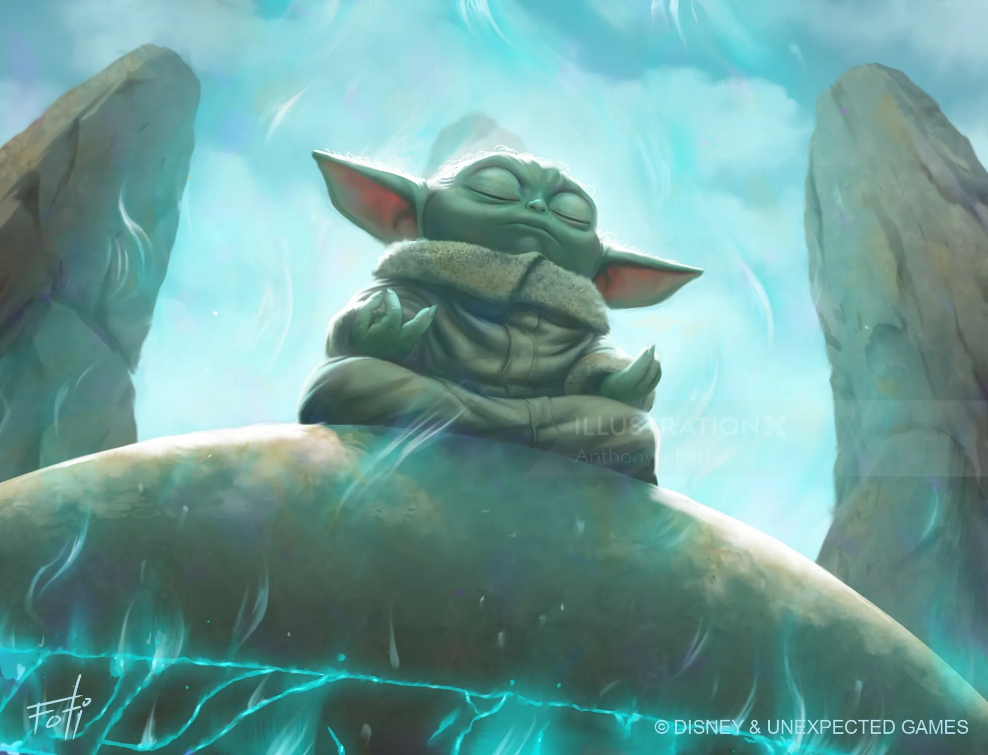 Meditating Grogu (Baby Yoda) from The Mandalorian on glowing rock