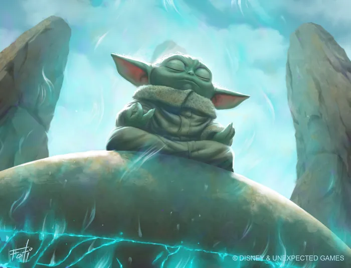 Meditating Grogu (Baby Yoda) from The Mandalorian on glowing rock
