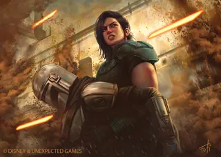 Cara Dune in armor firing blasters in a battle scene