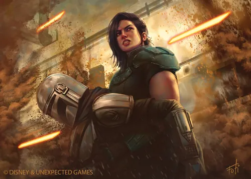 Cara Dune in armor firing blasters in a battle scene