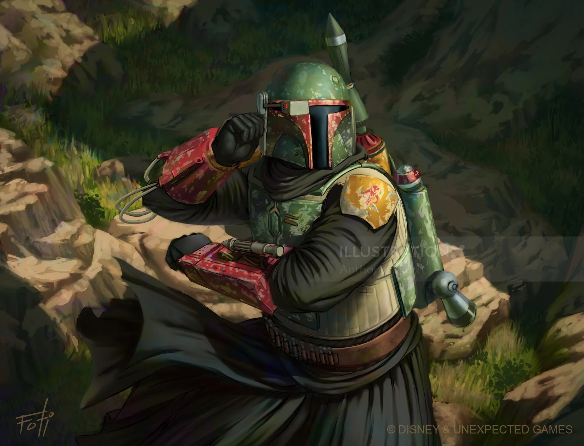 Boba Fett in armor aiming a weapon in a rocky outdoor setting