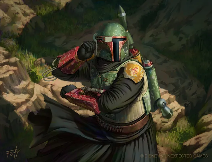 Boba Fett in armor aiming a weapon in a rocky outdoor setting