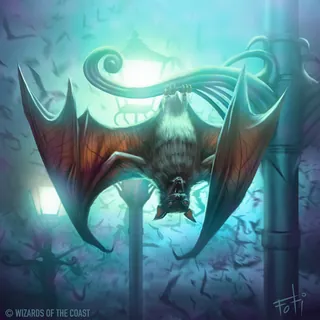 Large bat with outstretched wings flying near glowing lamps