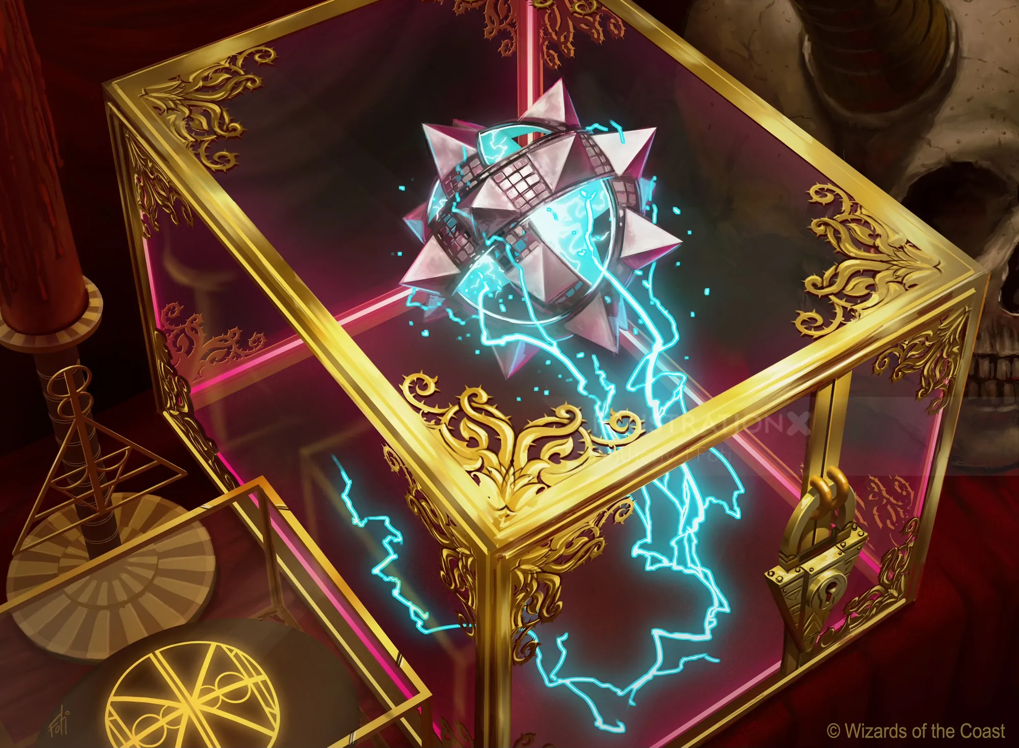 Glowing magical cube with blue lightning inside ornate golden box