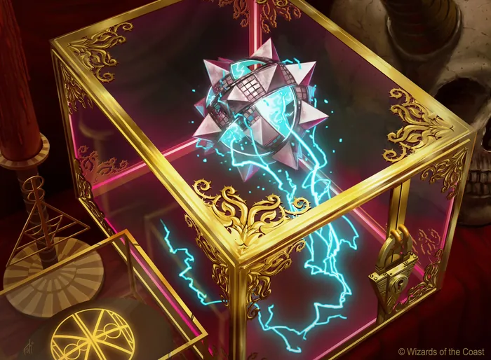 Glowing magical cube with blue lightning inside ornate golden box