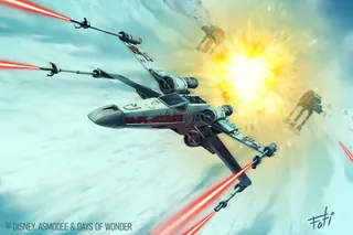 X-Wing starfighter firing lasers in space battle by Anthony J Foti