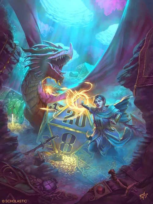 Fantasy battle with wizard and dragon near giant dice by Anthony J Foti