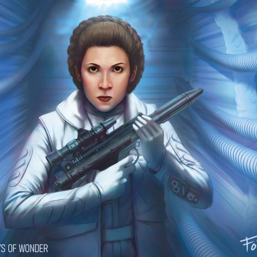 Princess Leia in white outfit holding blaster rifle, digital art by Anthony J Foti