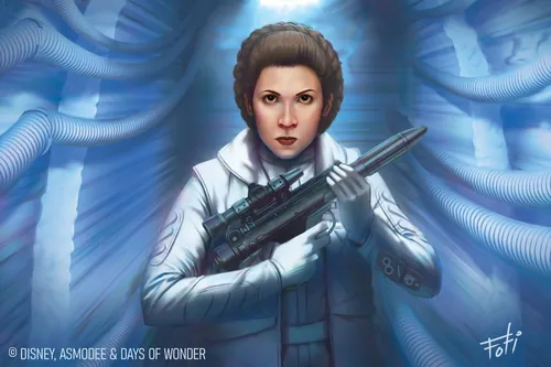 Princess Leia in white outfit holding blaster rifle, digital art by Anthony J Foti
