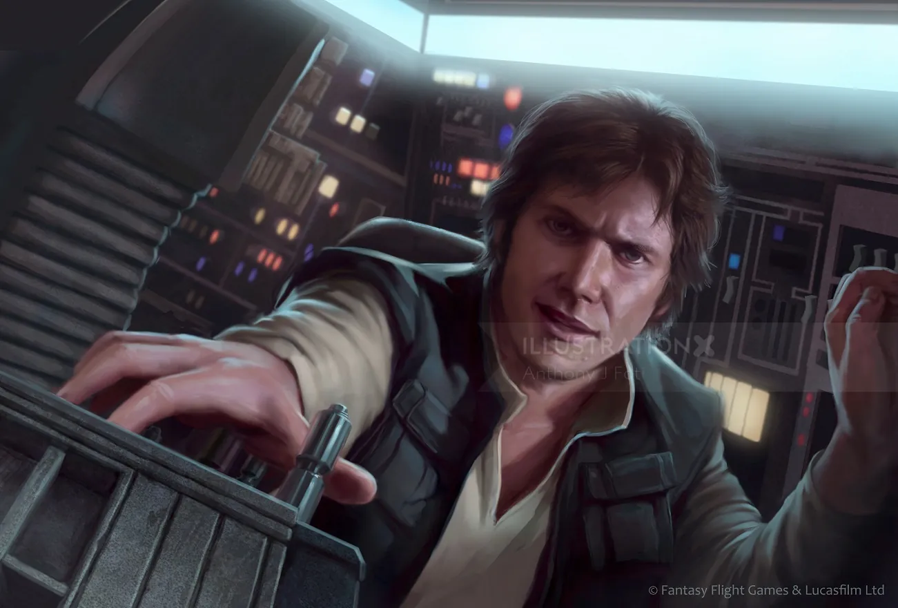 Han Solo operating controls inside the Millennium Falcon, art by Anthony J Foti