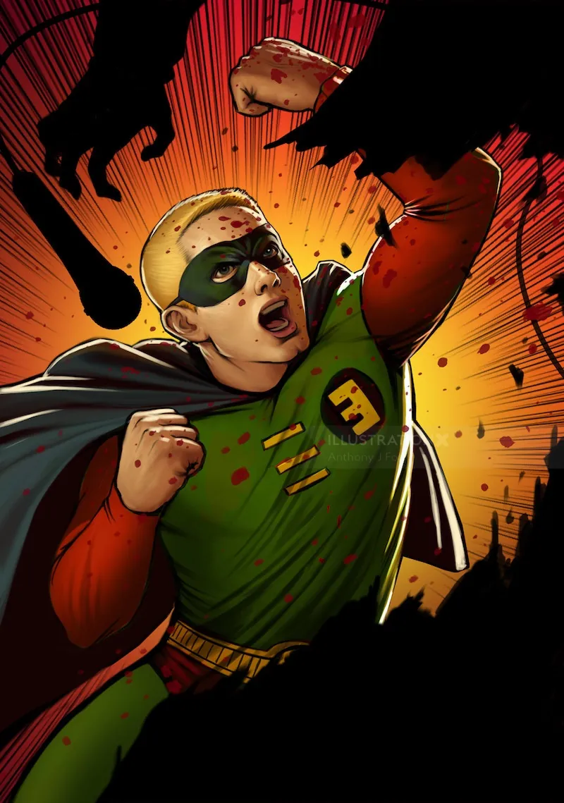 Illustration of a green masked superhero fighting shadows by Anthony J Foti