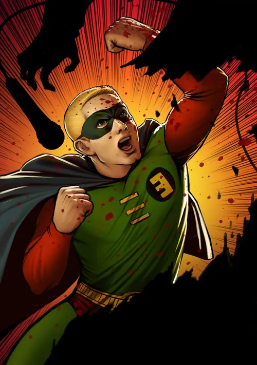 Illustration of a green masked superhero fighting shadows by Anthony J Foti