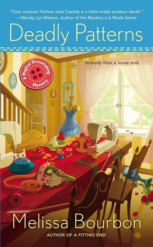 Book cover Deadly Patterns by Melissa Bourbon with sewing room scene by Anthony J Foti