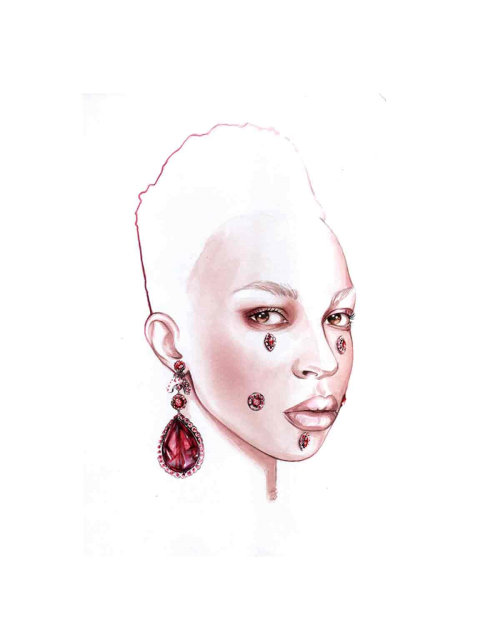Watercolor painting of woman with diamond earrings