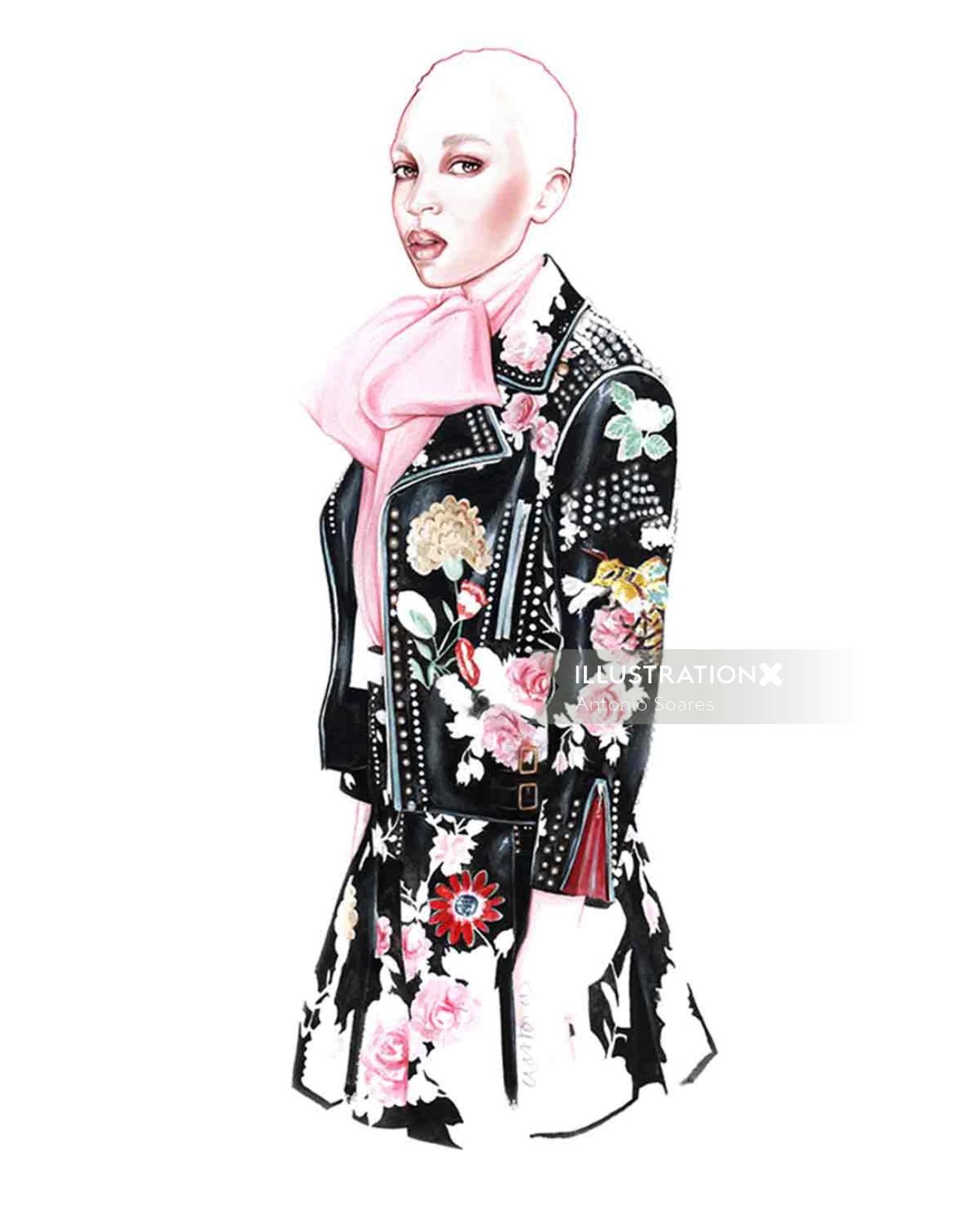 illustration of a model in Gucci dress