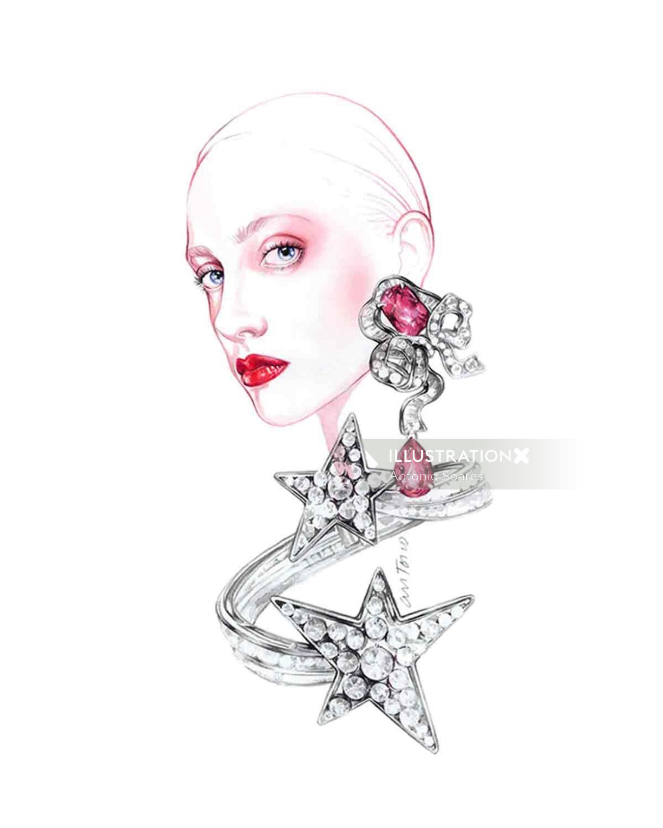 Mujer con pendientes de diamantes ilustración de joyería