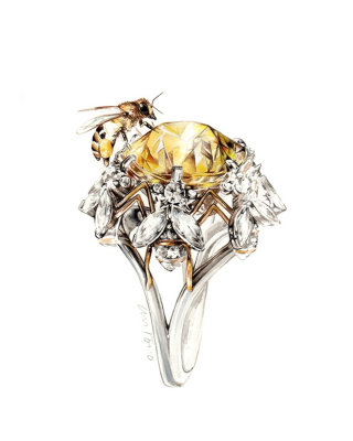 插图描绘了一枚美丽的钻石戒指和上面的蜜蜂，灵感来自 Jean Schlumberger 的作品