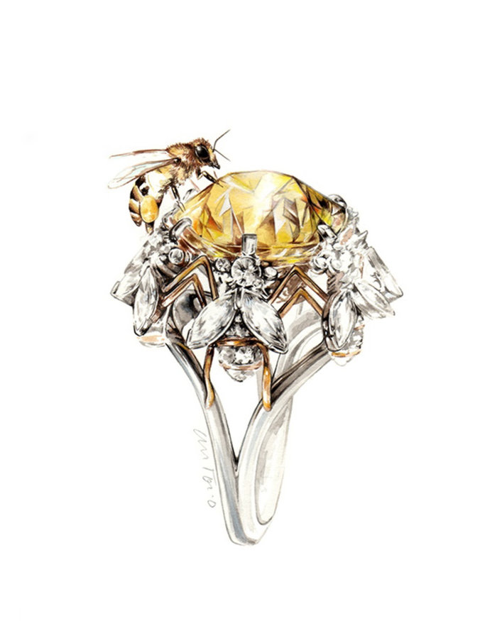 Ilustración de un hermoso anillo de diamantes y una abeja melífera, inspirado en las obras de Jean Schlumberger