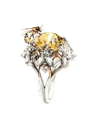 illustration of a beautiful diamond ring and honey bee on it, Inspired from Jean Schlumberger works