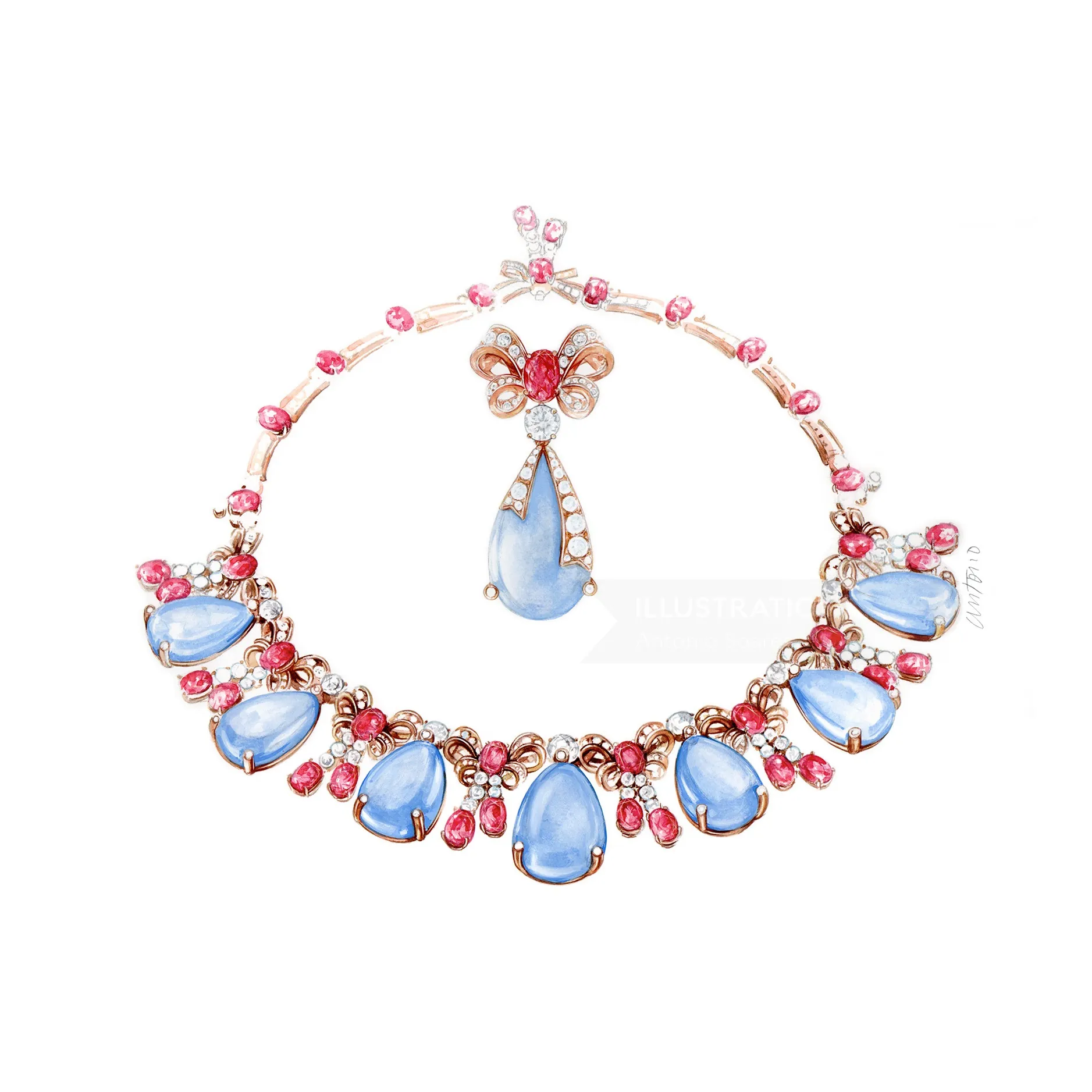 Blue gemstone necklace with pink beads jewelry by Antonio Soares