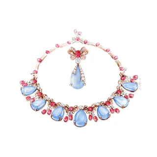 Blue gemstone necklace with pink beads jewelry by Antonio Soares