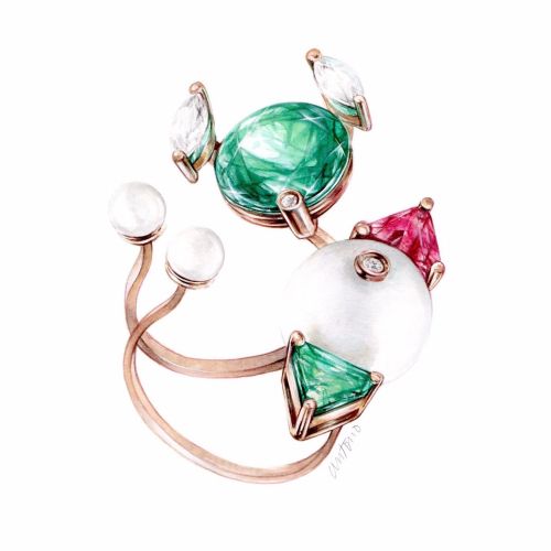 Jewelry ring with green and red gemstones and pearls by Antonio Soares