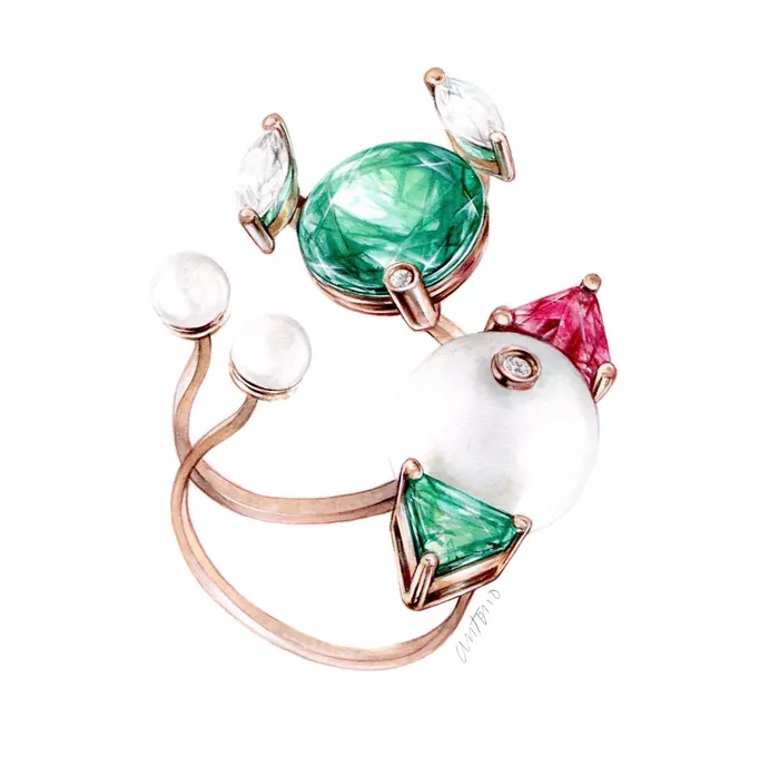 Jewelry ring with green and red gemstones and pearls by Antonio Soares