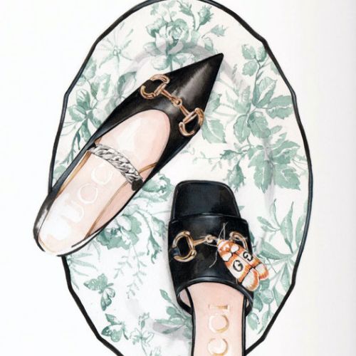 Top view of black Gucci loafers on floral mat by Antonio Soares