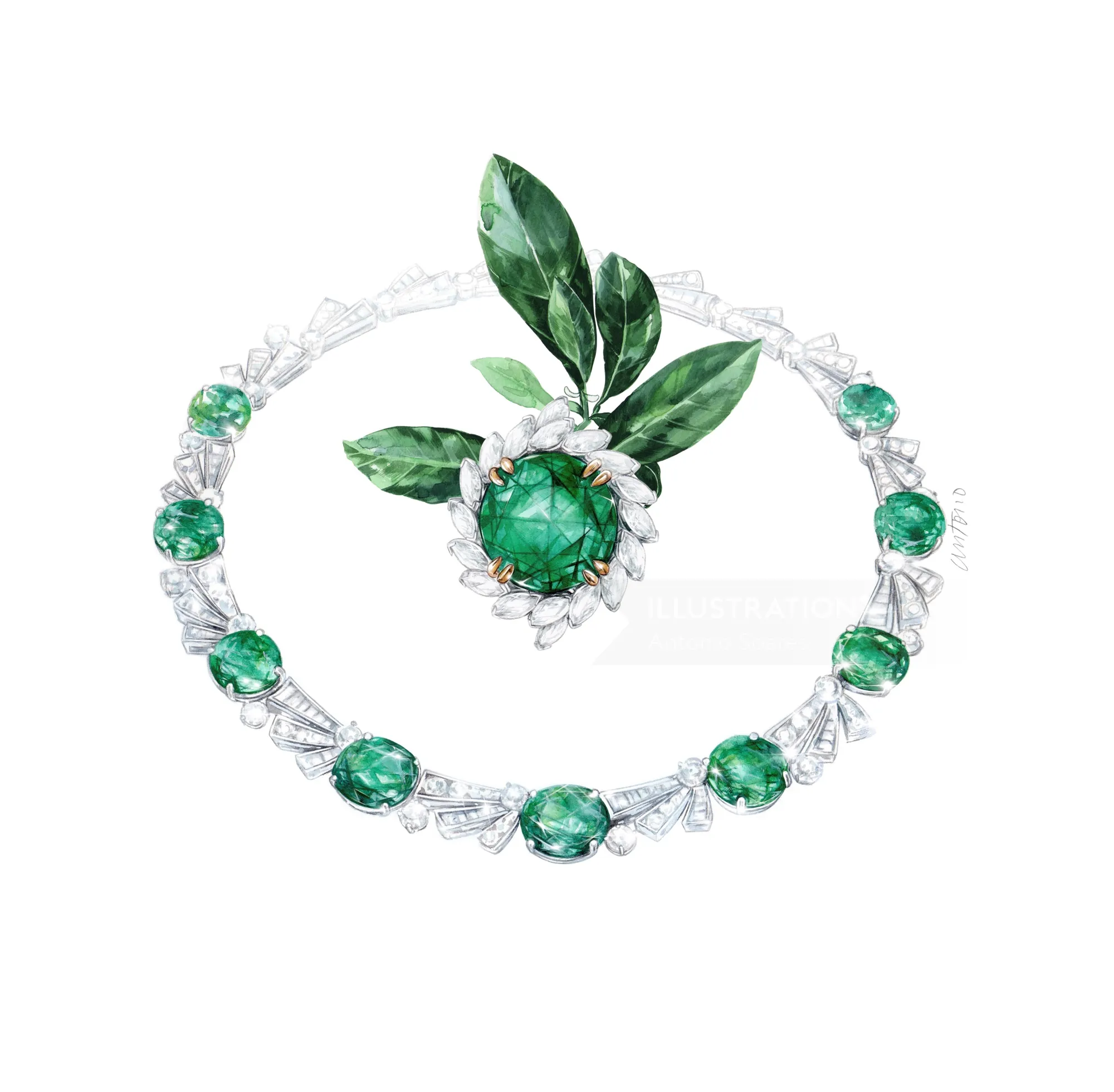 Emerald and diamond jewelry set with floral design by Antonio Soares