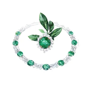 Emerald and diamond jewelry set with floral design by Antonio Soares