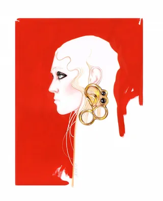 Profile of woman wearing large gold earrings on red background by Antonio Soares