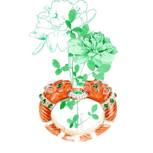 Fish-shaped vase with green flowers and clover leaves by Antonio Soares