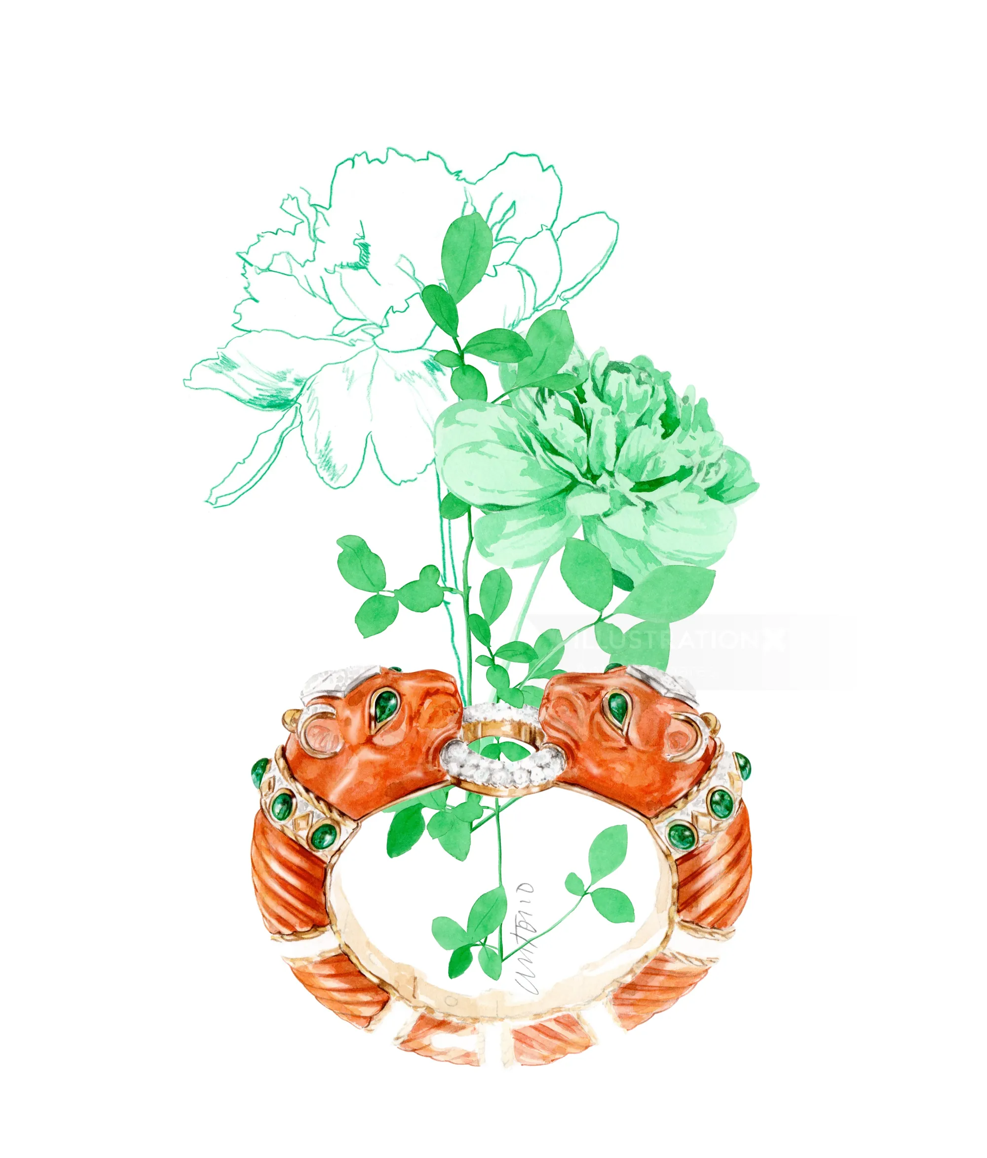 Fish-shaped vase with green flowers and clover leaves by Antonio Soares