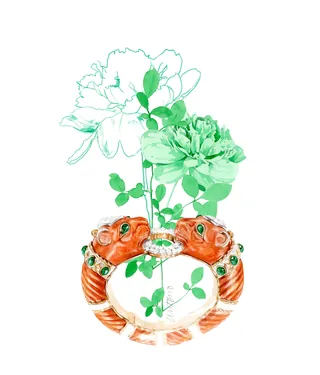 Fish-shaped vase with green flowers and clover leaves by Antonio Soares