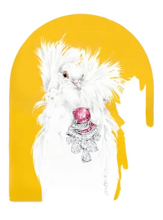 White feathered bird wearing a ruby necklace by Antonio Soares