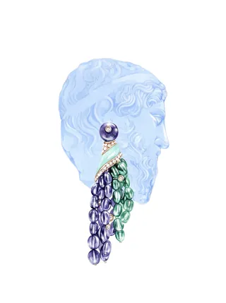 Blue ancient head sculpture with green and purple jewel necklace by Antonio Soares