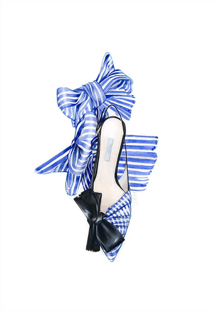 Illustration of Prada women's slingback bow court shoes