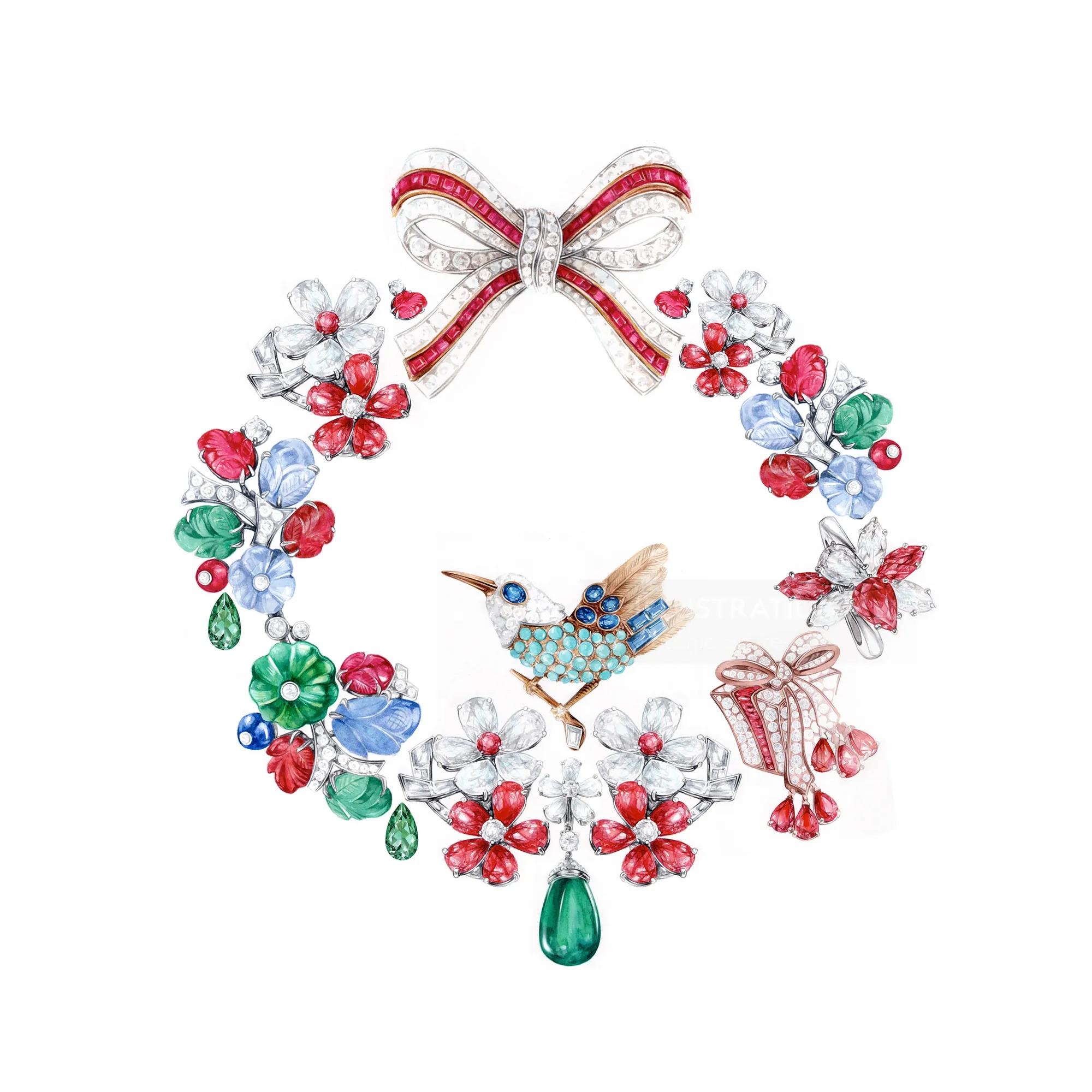 Jewelry brooch set of flowers, bird, and bows by Antonio Soares