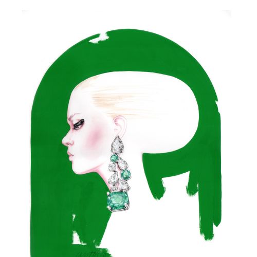 Side profile of woman wearing emerald and diamond jewelry by Antonio Soares